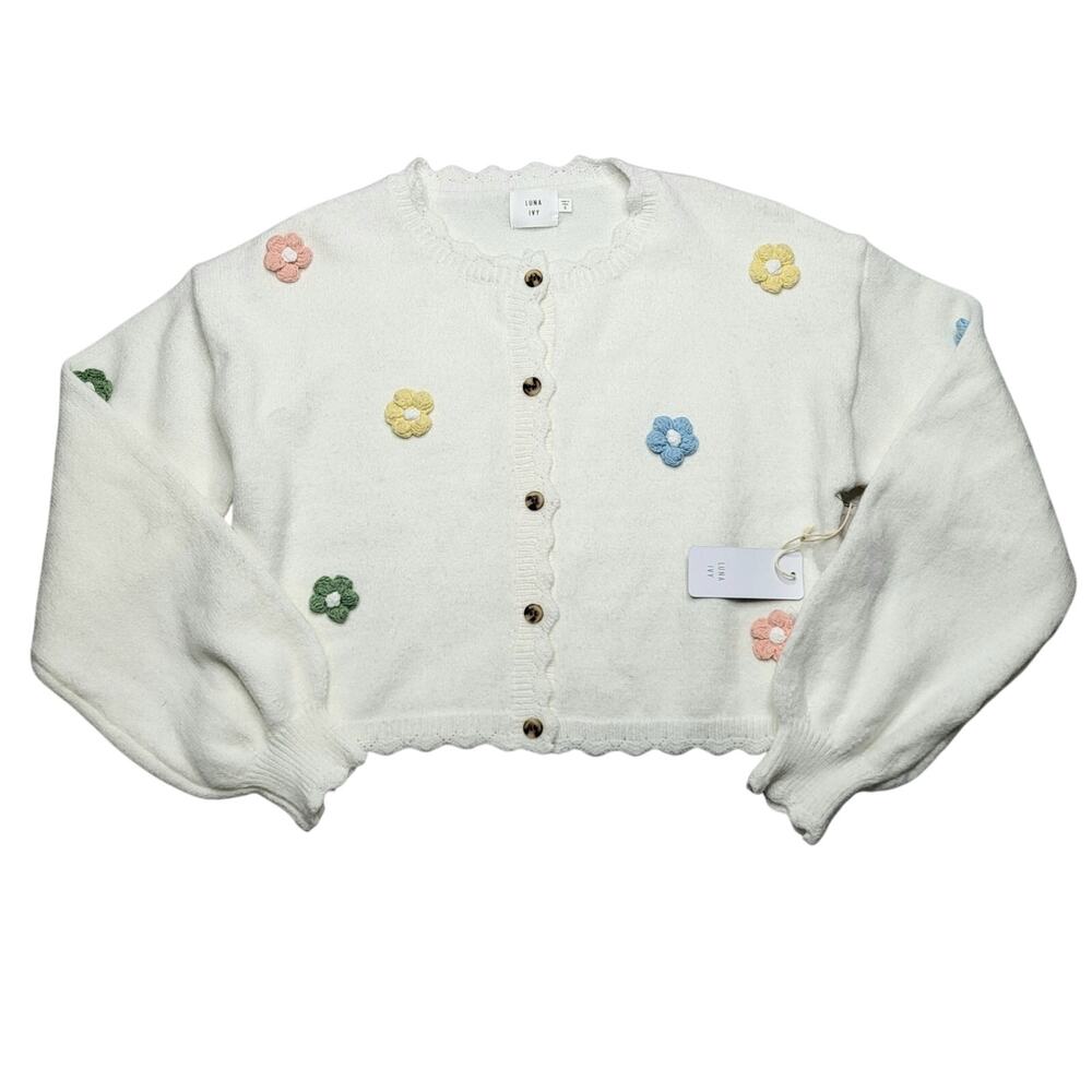 Luna Ivy 3D Flower Cardigan Button Down Sweater White Pastel Coquette Small